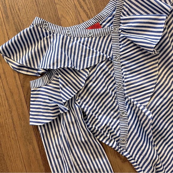 V Cristina White/Blue Pinstripe Cold Shoulder Asymmetric Button Down Shirt XL